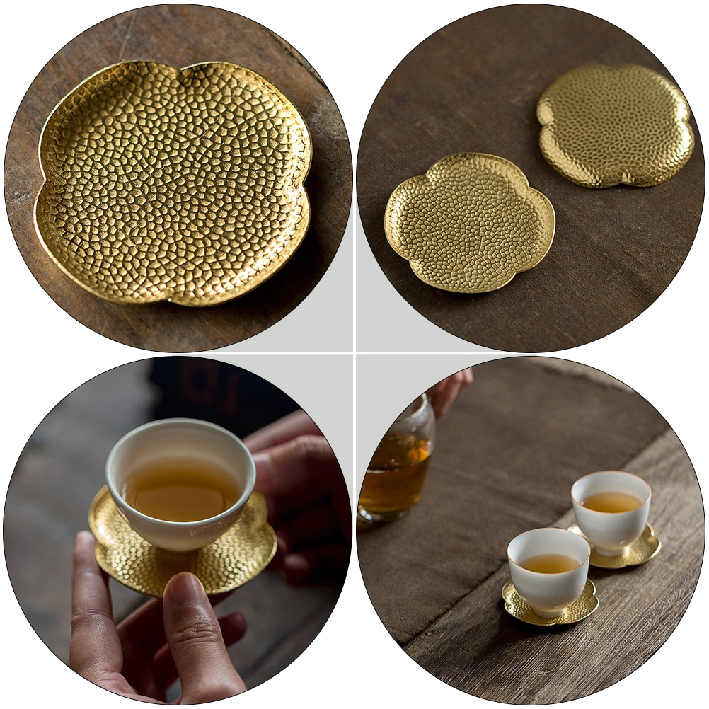 1Pc Household Copper Coaster Chinese Zen Tea Serving Tray Teacup Stand (Golden)