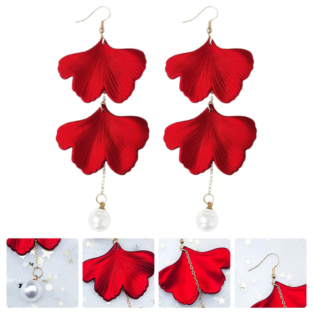 1 Pair of Stylish Earrings Ear Hooks Decorative Eardrops Ginkgo Leaf Earring Red