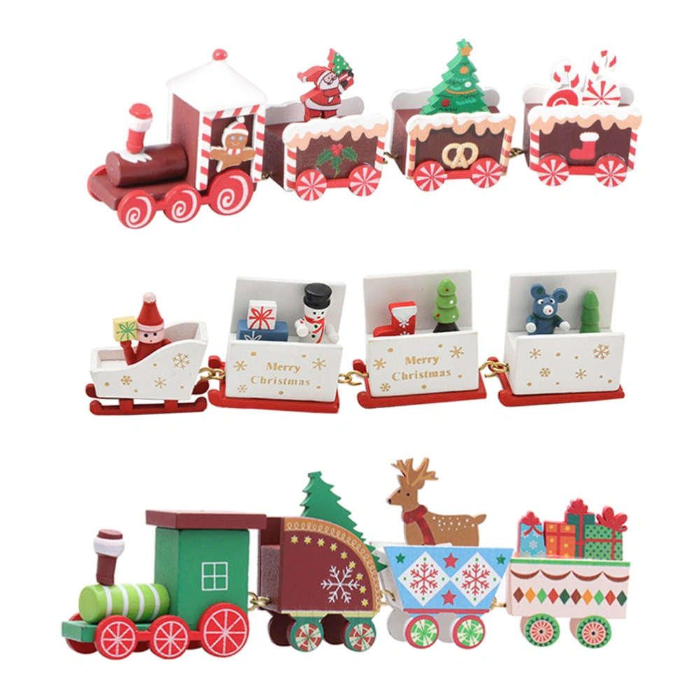 3Pcs Christmas Desktop Adornments Wooden Train Ornaments Showcase Decorations