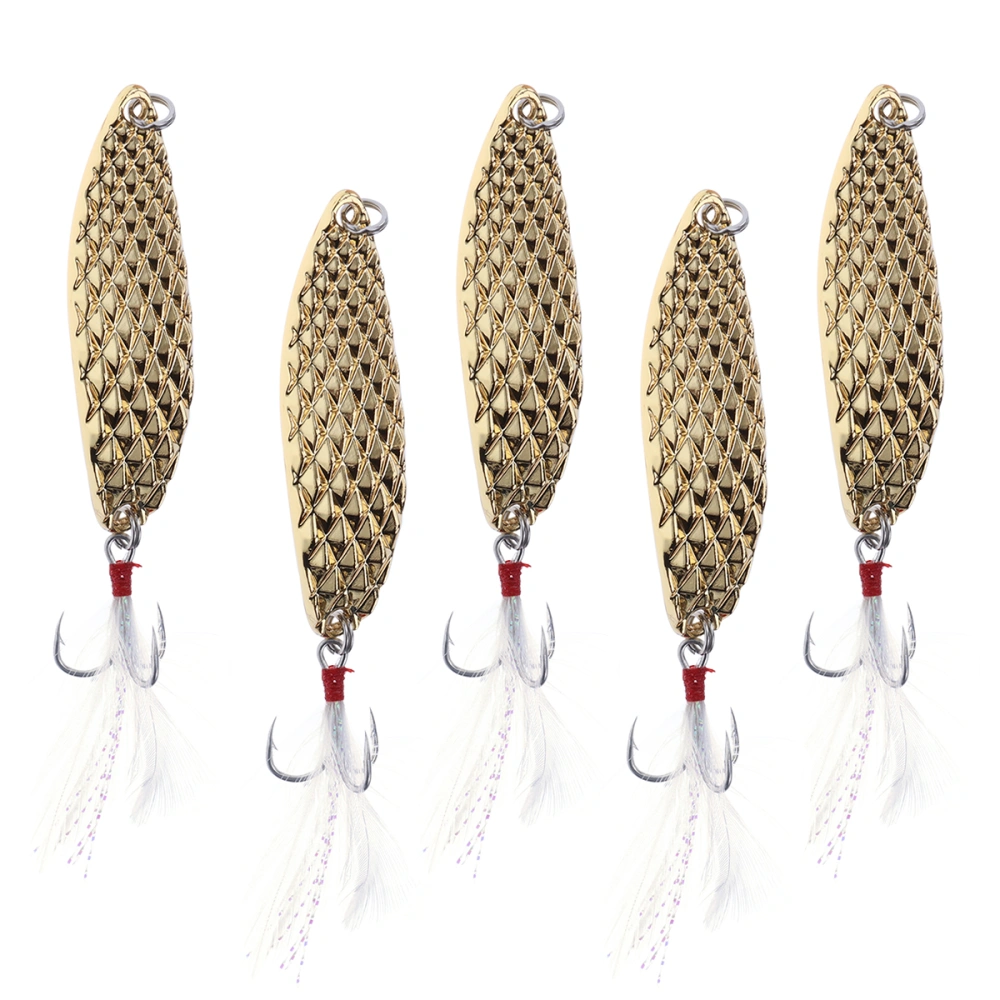 5pcs Spoons Hard Fishing Lures Treble Hooks Metal Fishing Lure Baits Fishing Accessories (Golden Lure + White Feather)