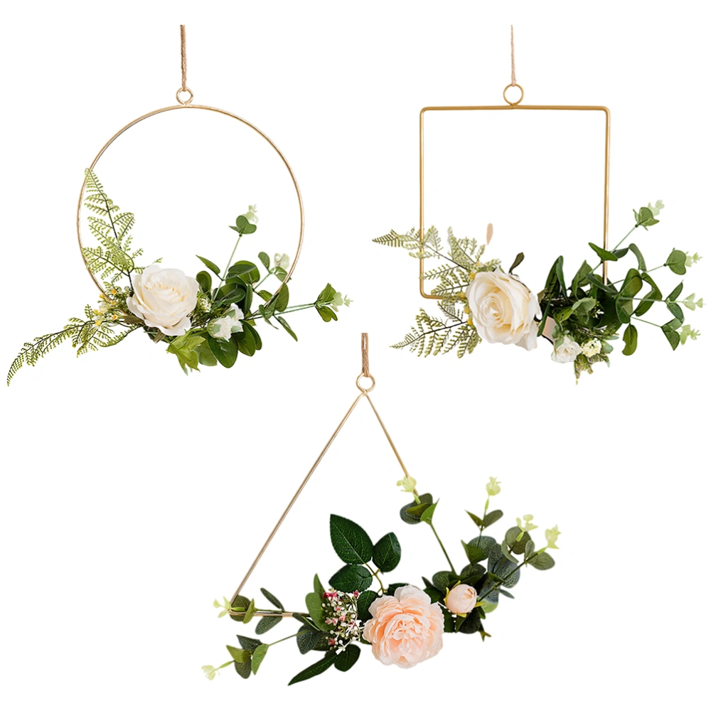 3PCS Wall Hangings Iron Frame Simulation Flower Wreath Hanging Ornament Wall Decoration (Square White Rose Triangular and Round White Rose for Each 1pc)