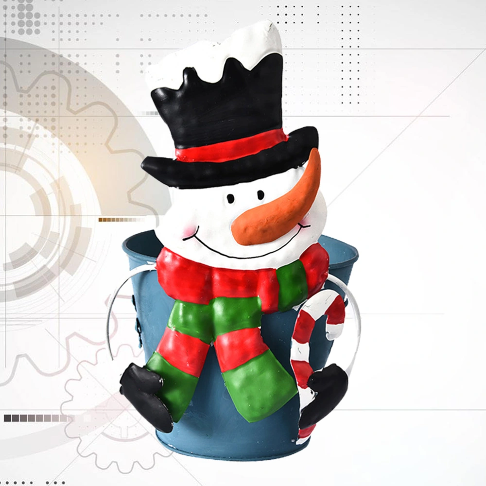 1pc Iron Flower Bucket Cartoon Snowman Iron Sheet Bucket Christmas Ornament Desktop Vase Candy Bucket