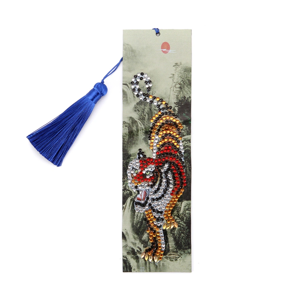 Tiger Pattern DIY Rhinestone Painting Book Page Mark Beads Painting Handmade Bookmark Art Craft Decor with Tassel for Books School Office Supplies