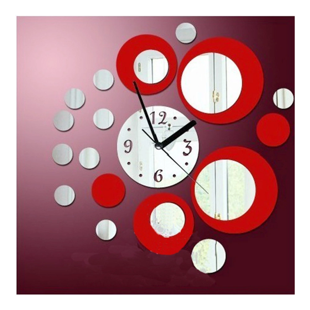 DIY 3D Acrylic Wall Clock Mirror Stickers for Home Living Room Office Decor (Red)