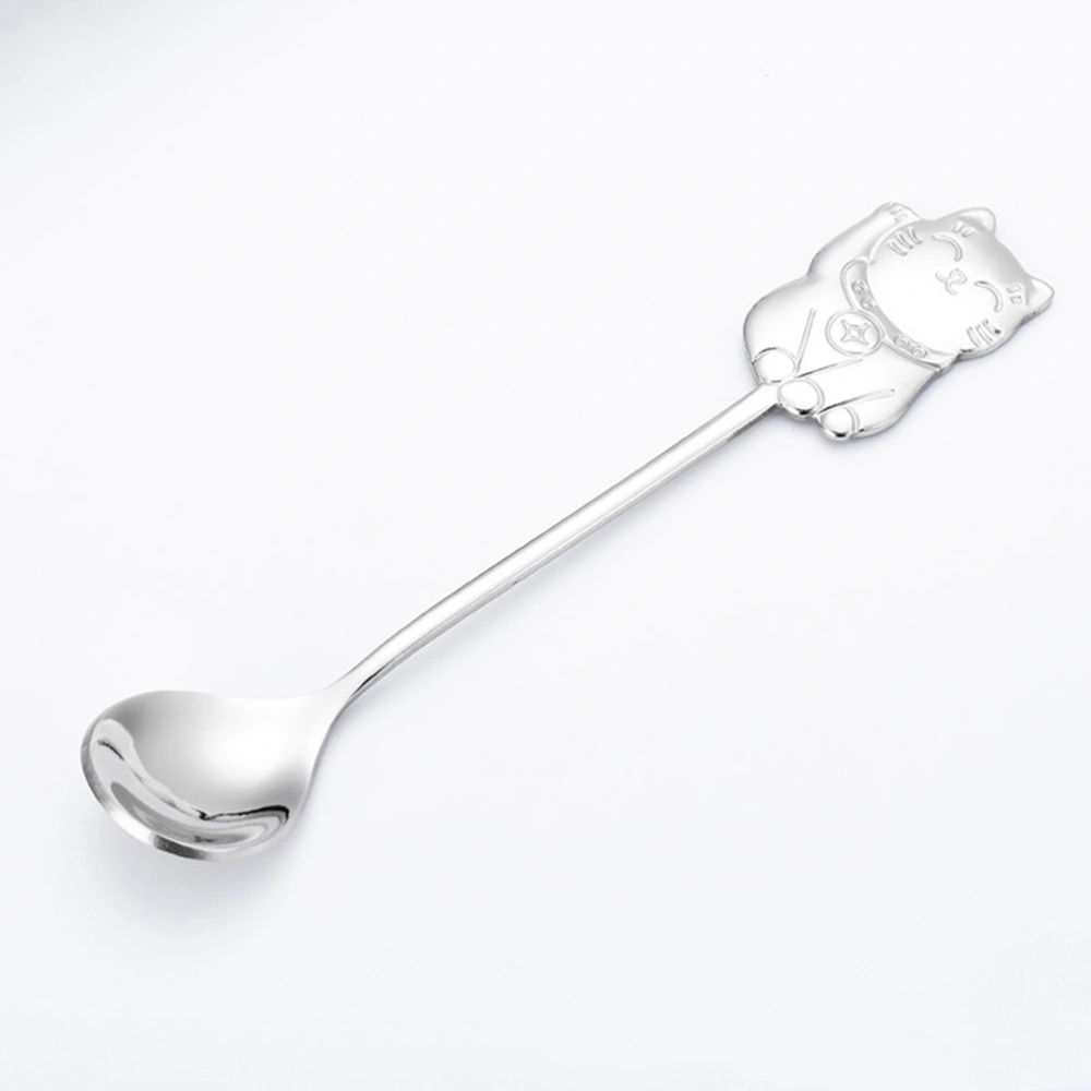 304 Stainless Steel Luck Cat Coffee Stirring Spoon Cartoon Dessert Spoon for Eating Dinner Kitchen (Silver)