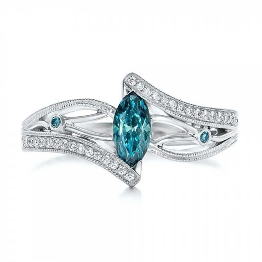 1Pc Fashion Silver Color Ring Delicate Rings for Women Wedding Bride Party Jewelry (Lake Blue, Number 6)