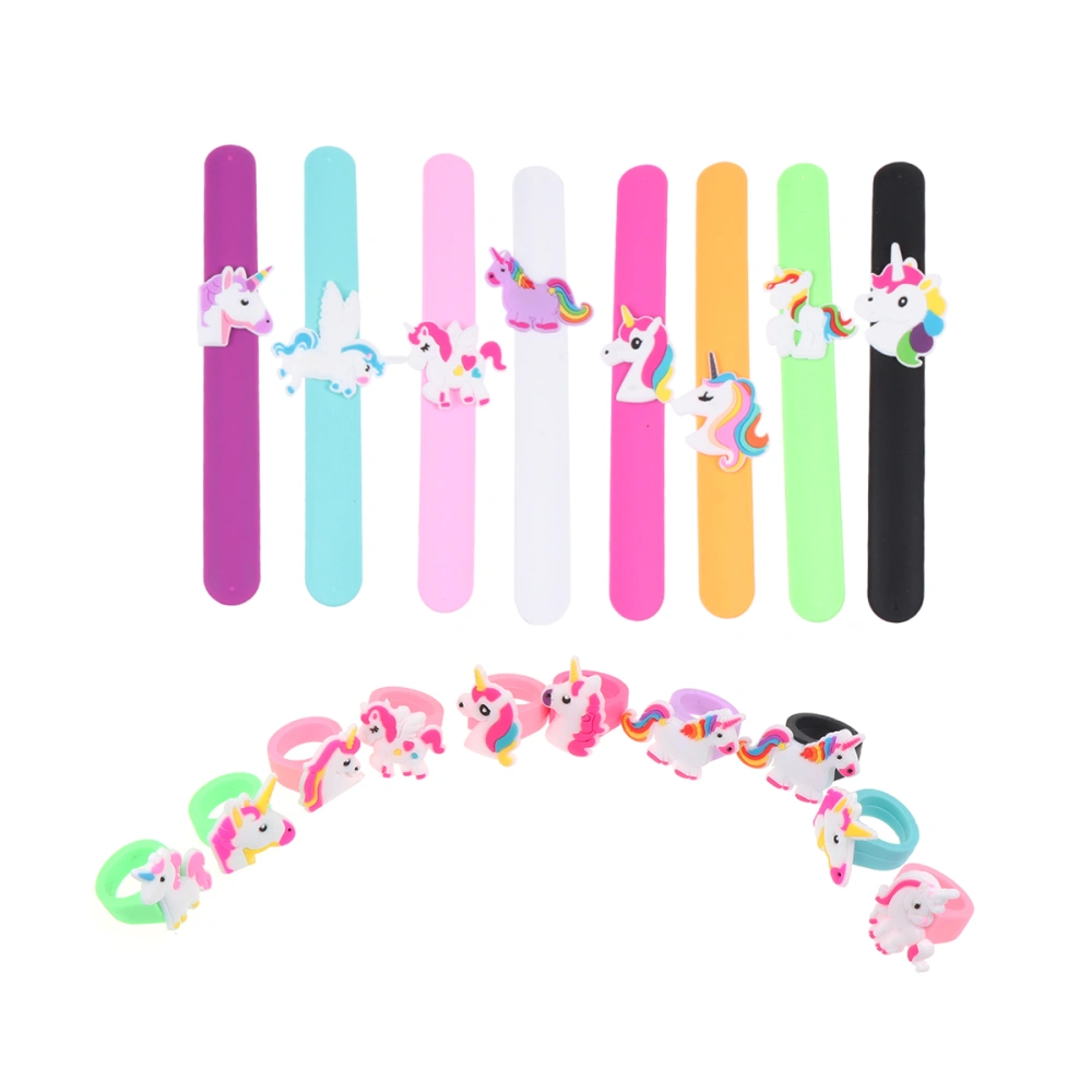 18pcs Children Slap Bracelet Unicorn Wristbands Ring Decoration Silicone Bracelet Ring Set for Gifts Birthday Party and School Rewards (Random Pattern, 8pcs Bracelet and 10pcs Ring)