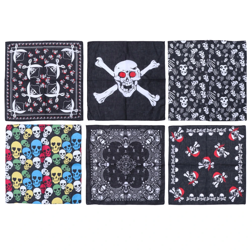 6pcs Halloween Skull Pattern Handkerchief Hair Accessory Pirate Bandana for Bar Cosplay Party Decoration