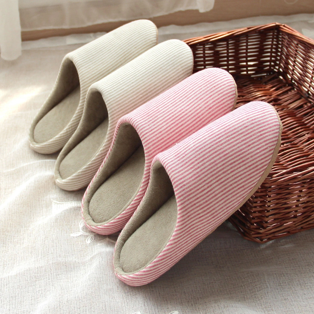 Bottom Floor Cotton Slippers Autumn Winter Couples Non-slip Silent Home Indoor Slippers Size L for 40-42 (Beige)