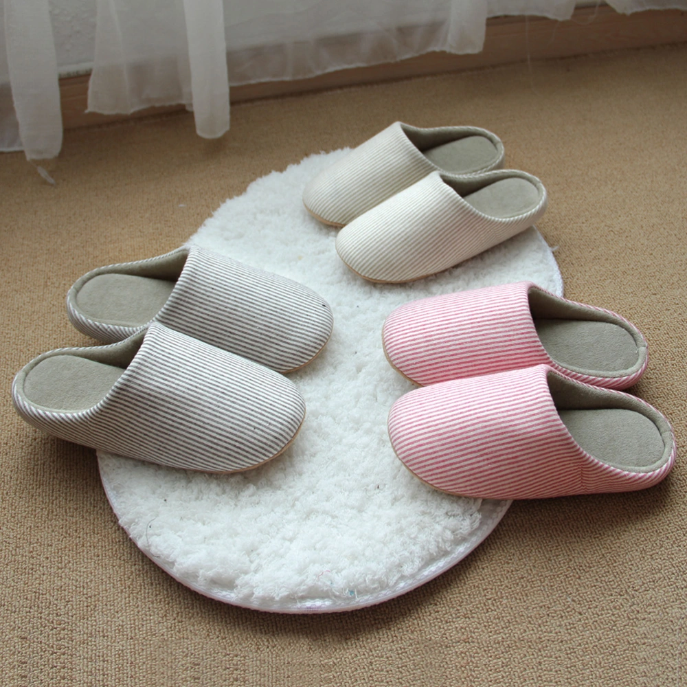 Bottom Floor Cotton Slippers Autumn Winter Couples Non-slip Silent Home Indoor Slippers Size L for 40-42 (Beige)