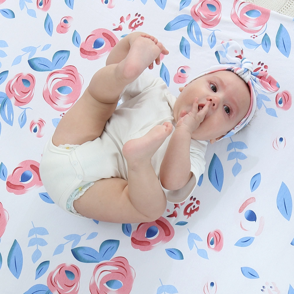 Newborn Infant Baby Rabbit Ear Swaddle Blanket Blue Flower Pattern Sleeping Swaddle Head Wrap Headband Set