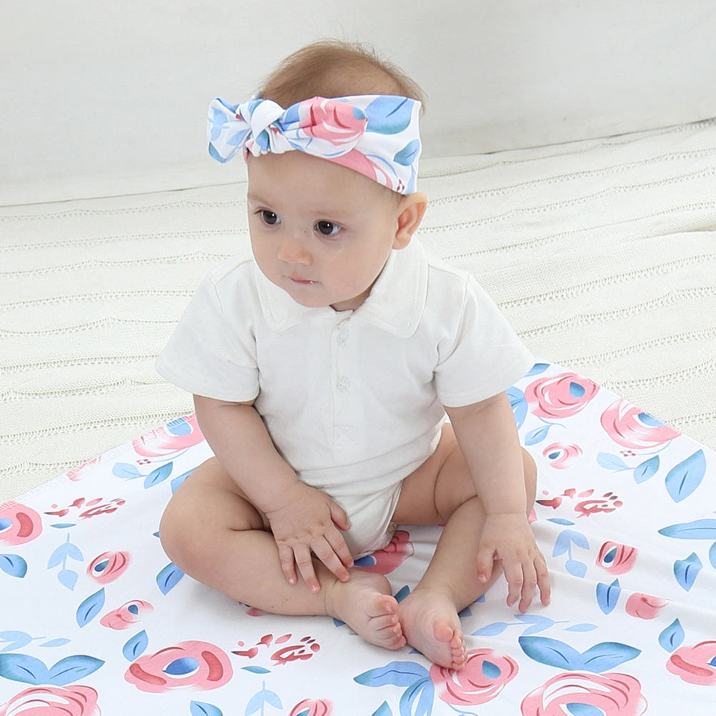 Newborn Infant Baby Rabbit Ear Swaddle Blanket Blue Flower Pattern Sleeping Swaddle Head Wrap Headband Set