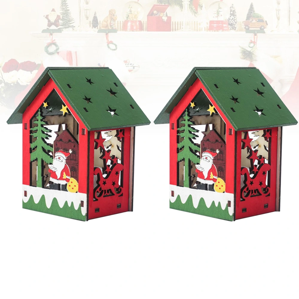 2 Sets Christmas DIY Assembled Wooden Cabin with Lights Creative and Lovely Christmas Tree Hanging Pendants with Battery (Santa Claus)