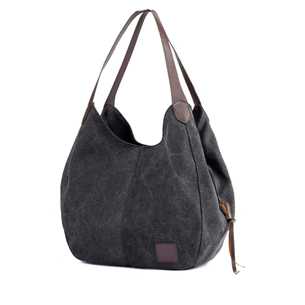 Vintage Canvas Bag for Women Leather Handle Shoulder Bag Hasp Closure Handbag Casual Commuter Mummy Bag(Black)