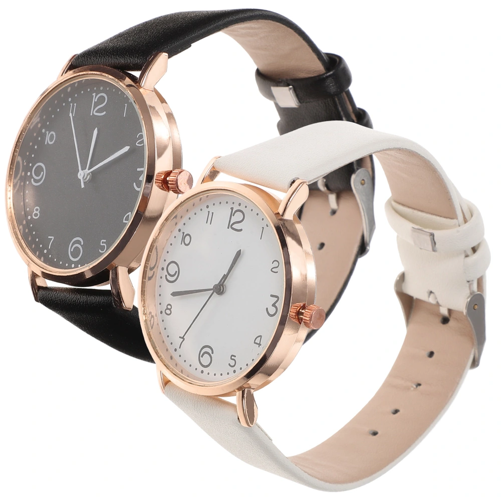 2Pcs PU Wrist Watch Fashion Student Watch Casual Watch Women Quartz Watch