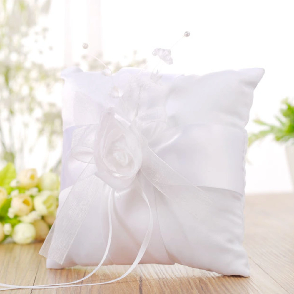 Wedding Ring Pillow Cushion Bridal Pearl Flower Ribbon Decorated Ring Bearer Pillow 15x15cm