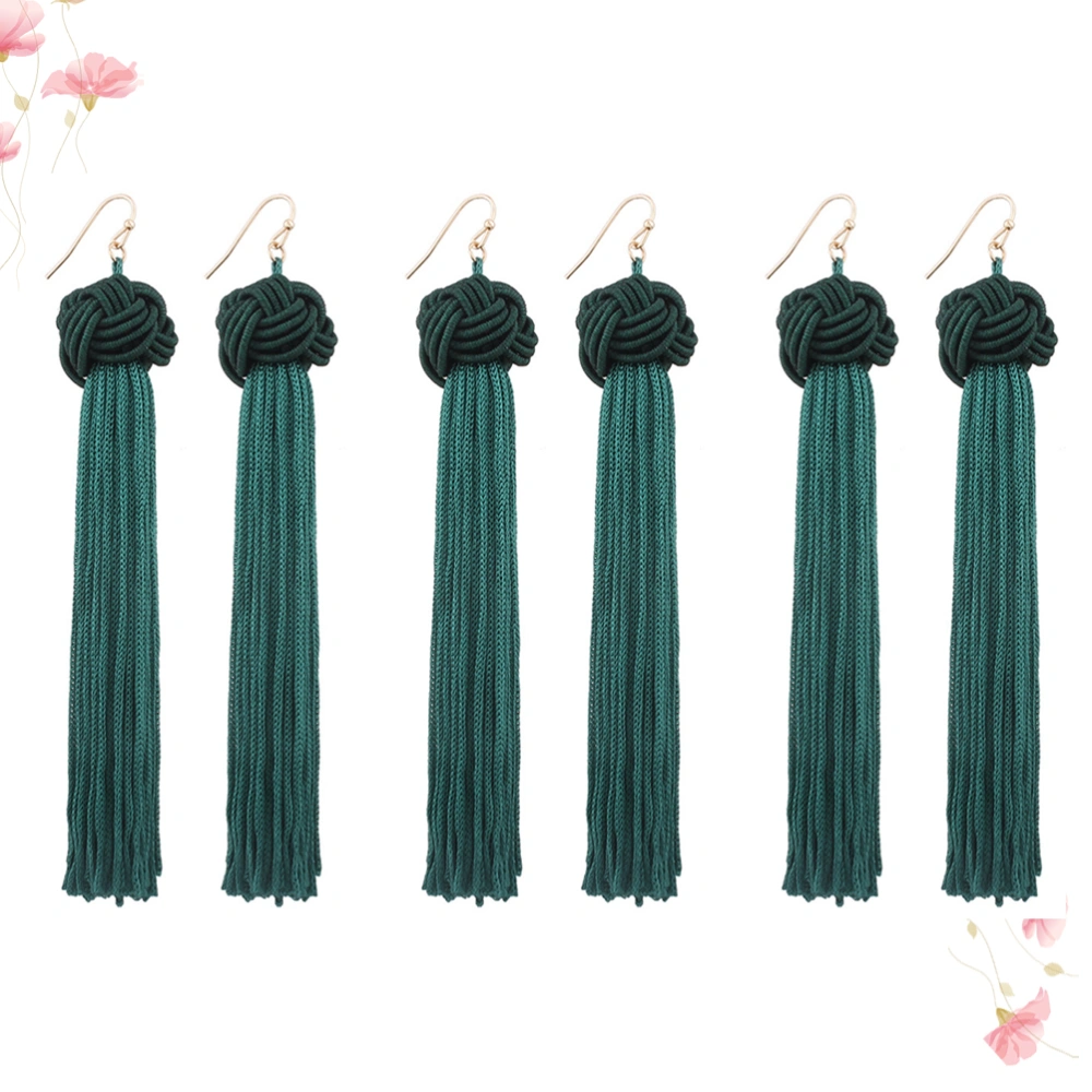 3 Pair Bohemian Long Tassels Eardrop Dangle Earrings Ear Accessories Casual Jewelry for Women Ladies (Green)