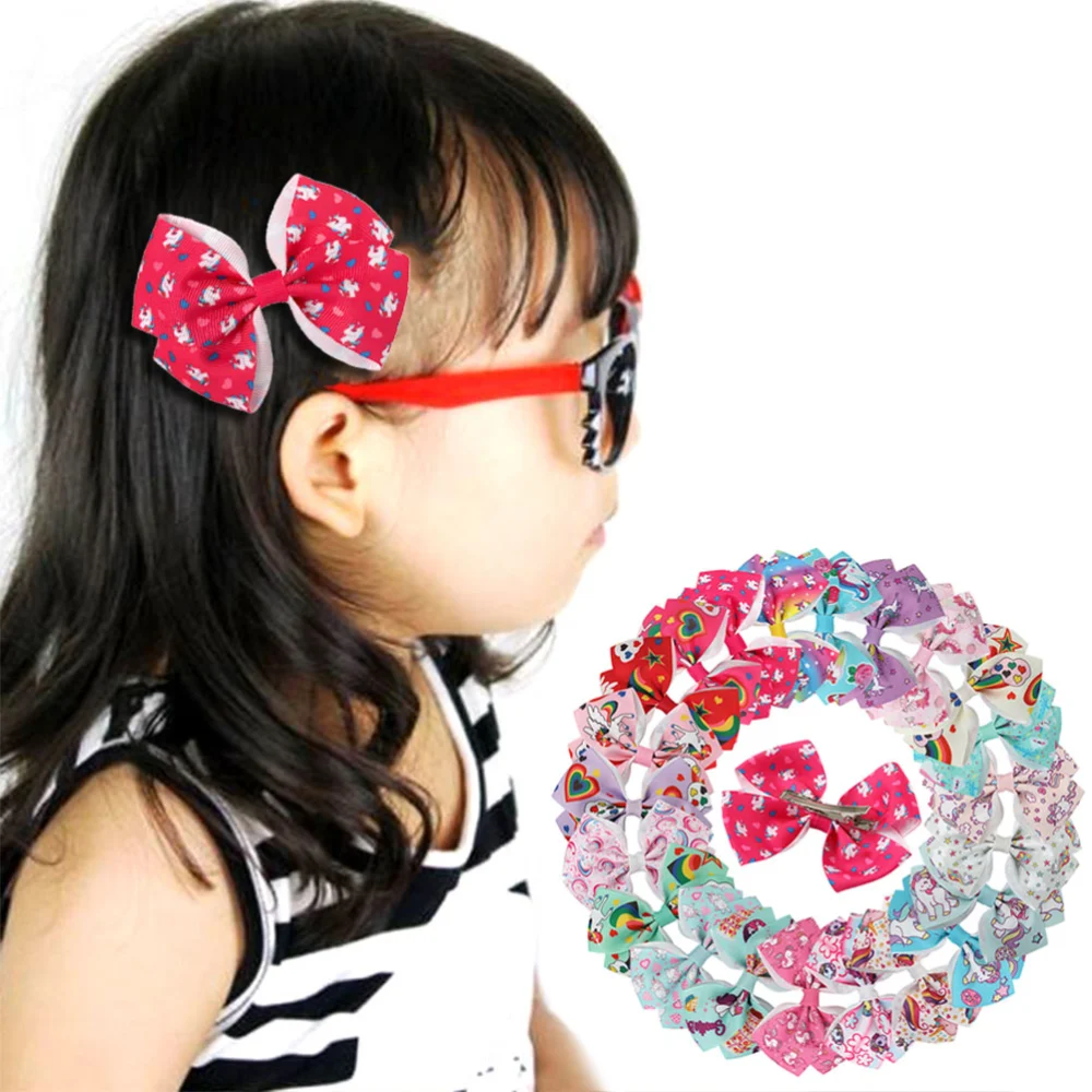 24pcs Lovely Colorful Printing Hair Bowknot Hair Clips Unicorn Bobby Pin for Kids Children