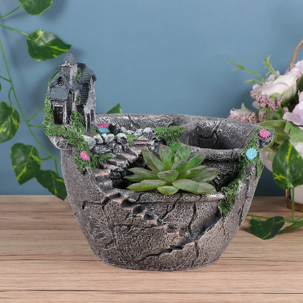 1pc Creative Round Shape Resin Flower Basin Flower Pot Household Flowerpot Adornments succulent Plant Container for Home Office Balcony (Silver Villa Style)