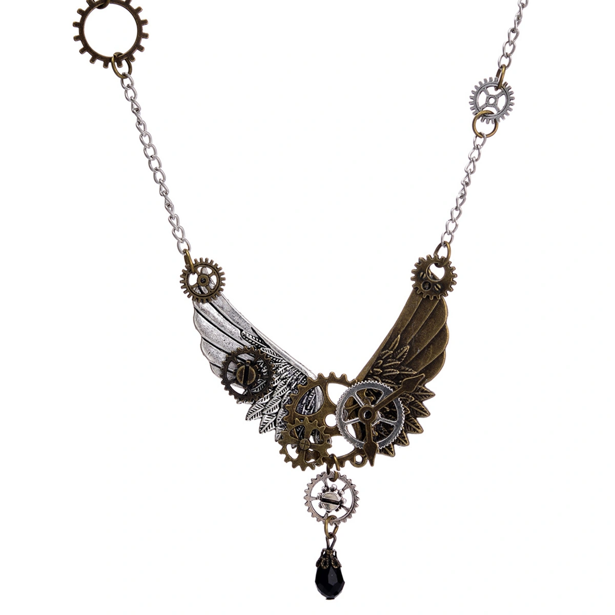Vintage Angel Wings Pendant Silver Chain Steampunk Necklace Women Crystal Gears Accessories Punk Jewelry Christmas Gift