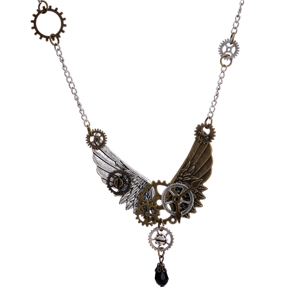 Vintage Angel Wings Pendant Silver Chain Steampunk Necklace Women Crystal Gears Accessories Punk Jewelry Christmas Gift