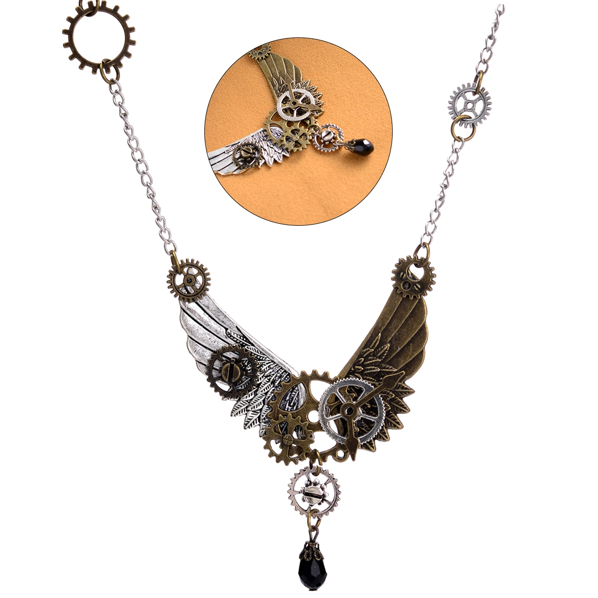 Vintage Angel Wings Pendant Silver Chain Steampunk Necklace Women Crystal Gears Accessories Punk Jewelry Christmas Gift