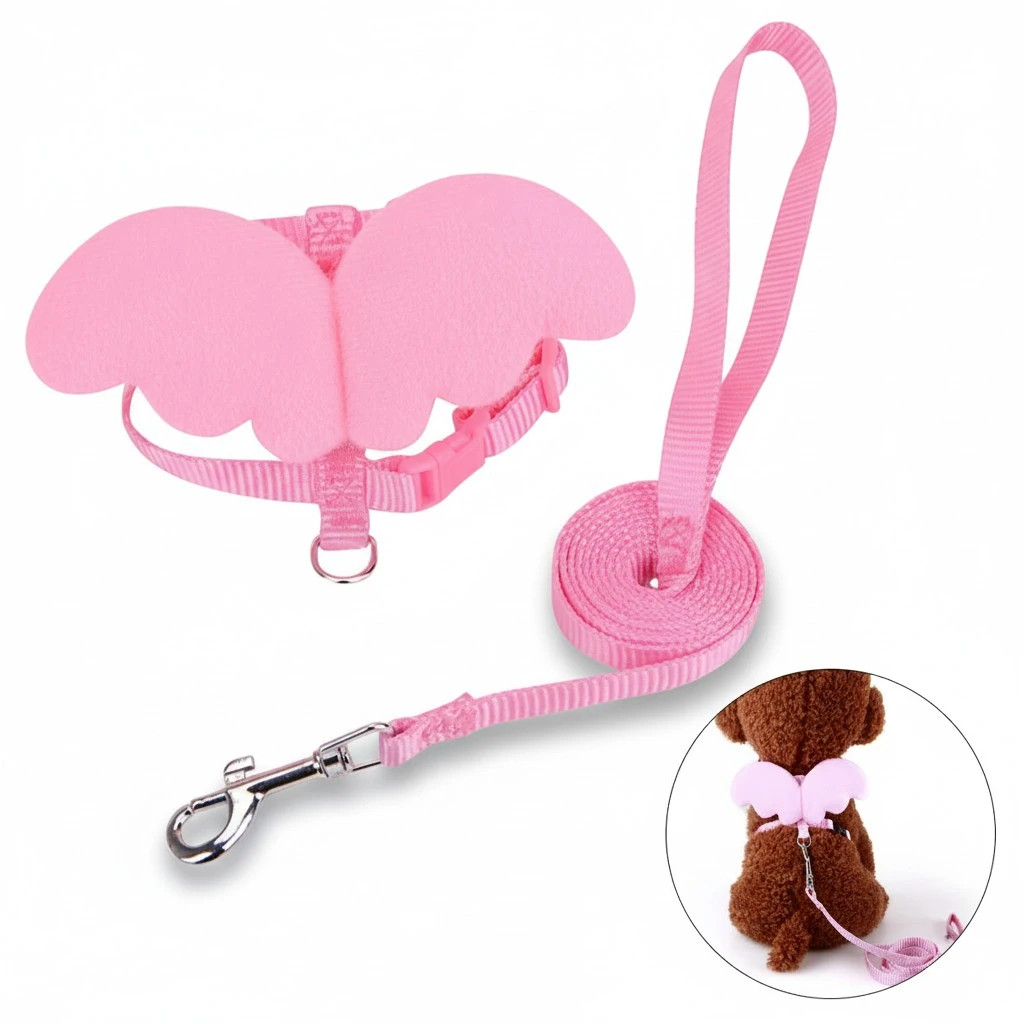 Adjustable Pet Dog Puppy Cat Harness With Leash Angel Wings Chest Straps Size S (Pink)