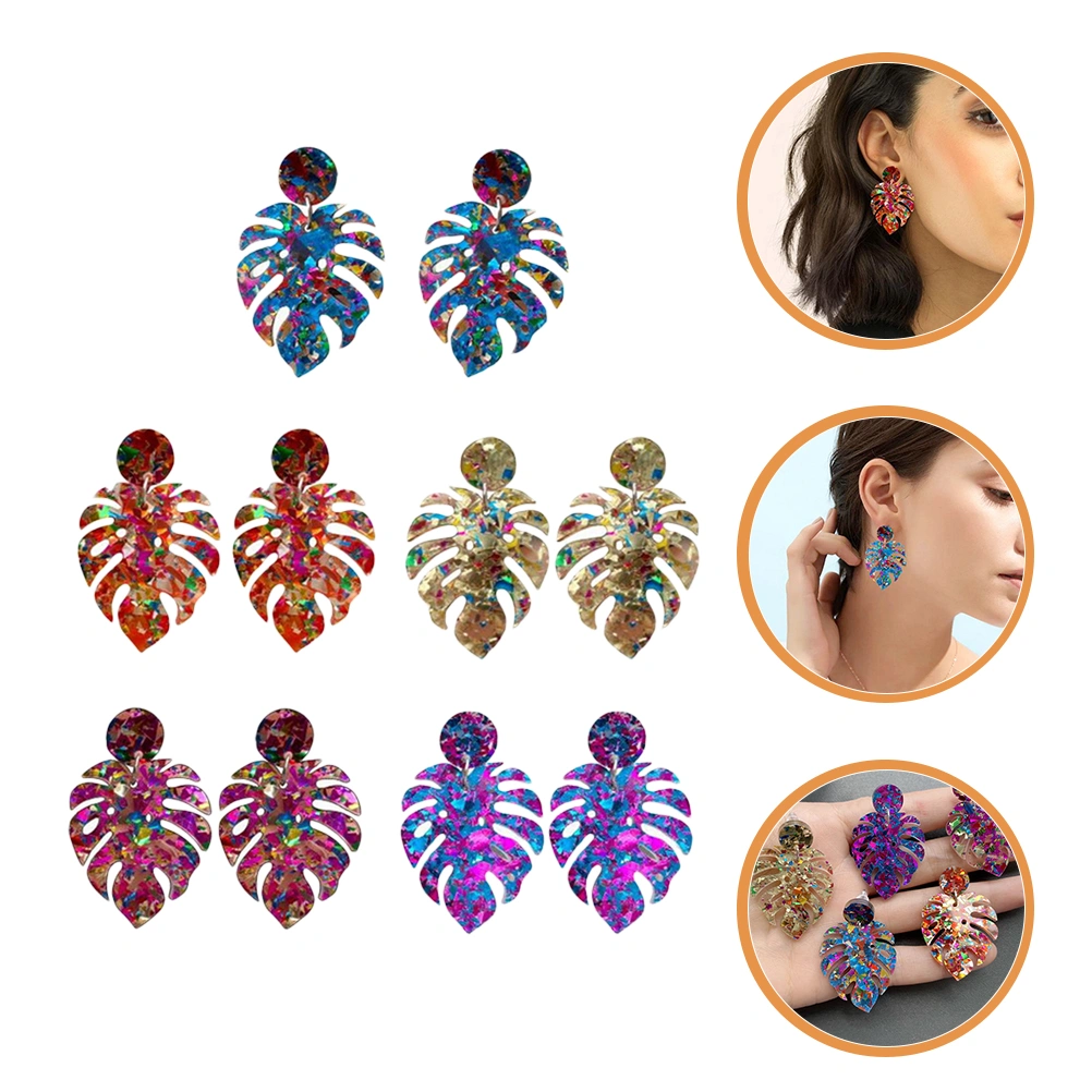 5 Pairs Bohemian Style Earrings Glitter Leaf Tassel  Dangle Drop Earrings Girls Jewelry Earrings