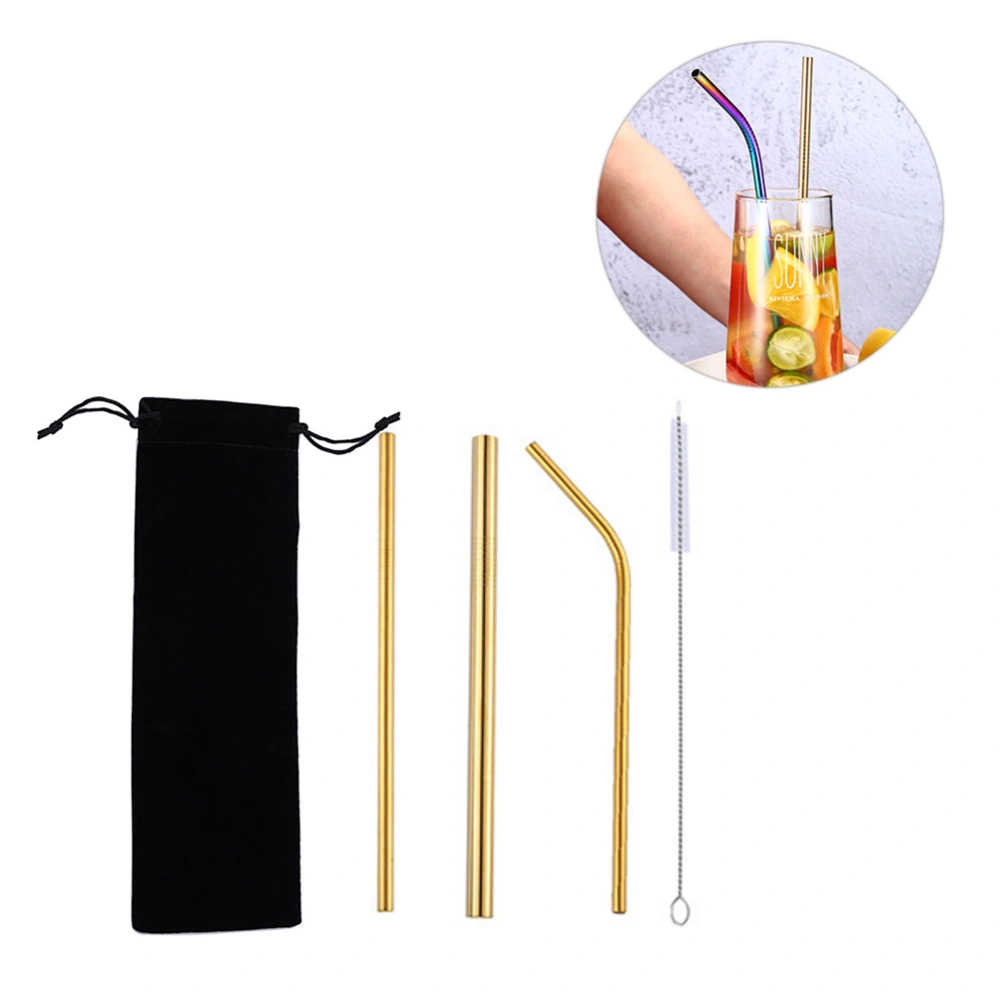 4pcs Stainless Steel Filter Drinking Straws Pipet Brush Set for Home Bar Restaurant (Black Flannelette Bag Golden)