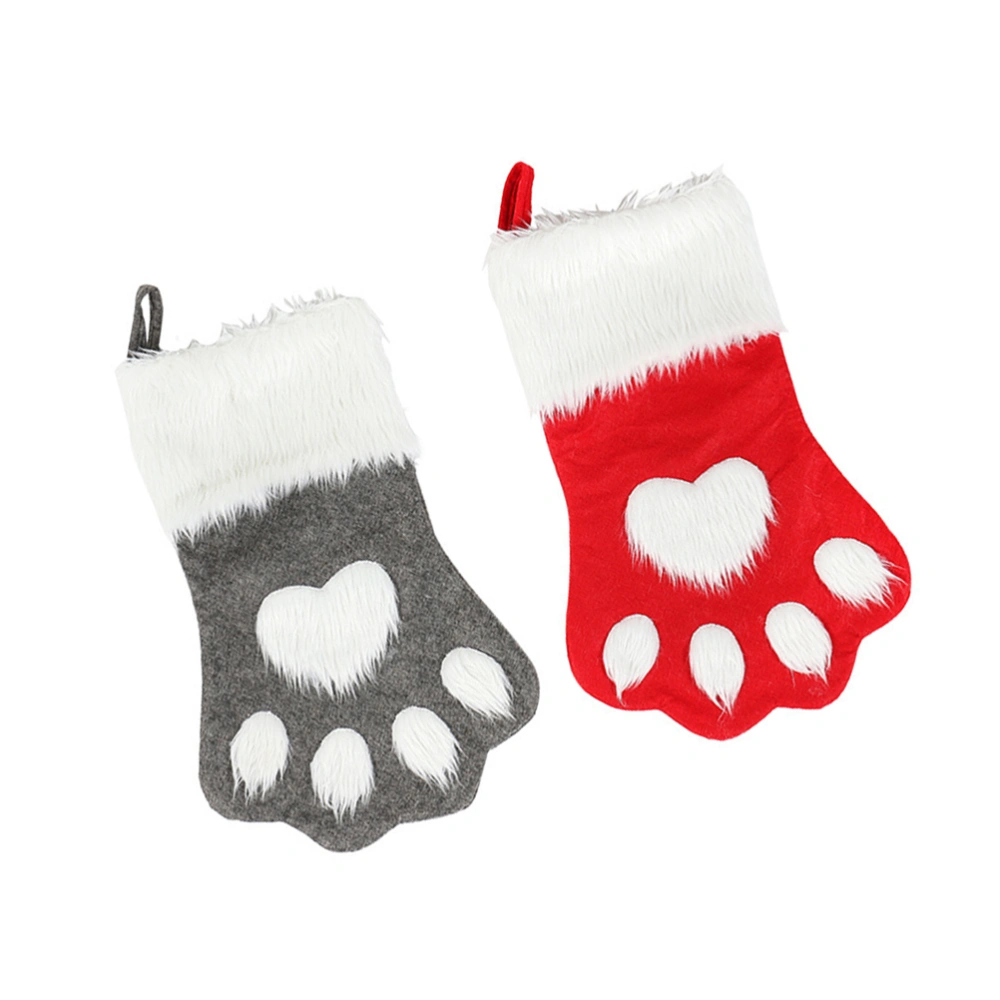 2pcs Christmas Socks Plush Dog Claw Pattern Socks Xmas Tree Fireplace Hanging Decorations Candies Gifts Bags Christmas Party Favors Supplies (Red abd Gray)