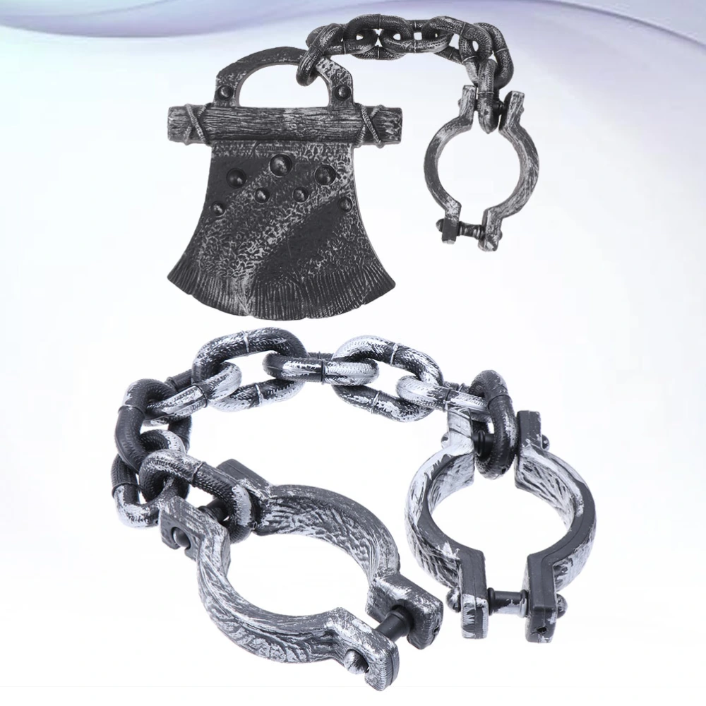 2Pcs Halloween Plastic Chain Party Layout Decor Cosplay Prisoner Chain Performance Stage Props Costume Accessory (Handcuff Axe + Handcuffs)