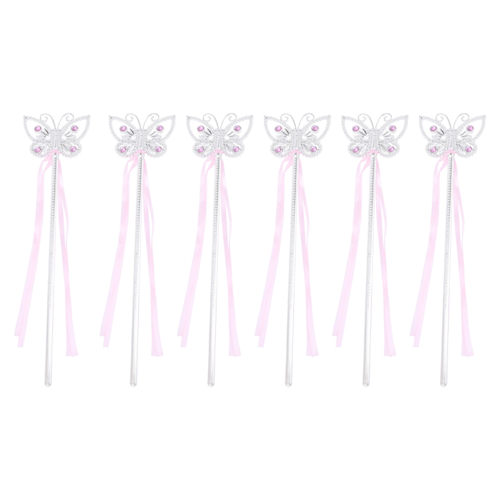 6PCS Children's Ribbon Shape Practical Shape Little Girl Toy Wand Fairy Stick(Pink And Silver)