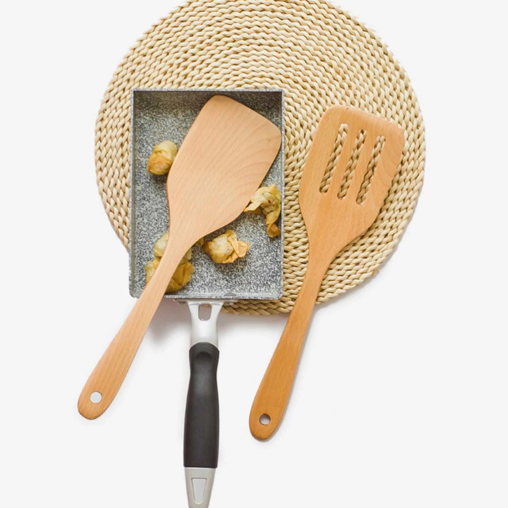 Kitchen Wooden Spatula Natural Non-stick Beechwood Turner 3 Holes Kitchen Flat Shovel (31x7.5cm)