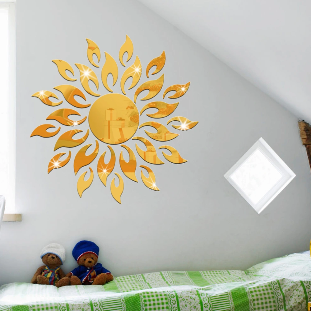 3D Sunflower Acrylic Wall Sticker Removable Mirror Sticker Eco-friendly Wall Decals for Bedroom Living Room Bathroom Decoration (Golden)