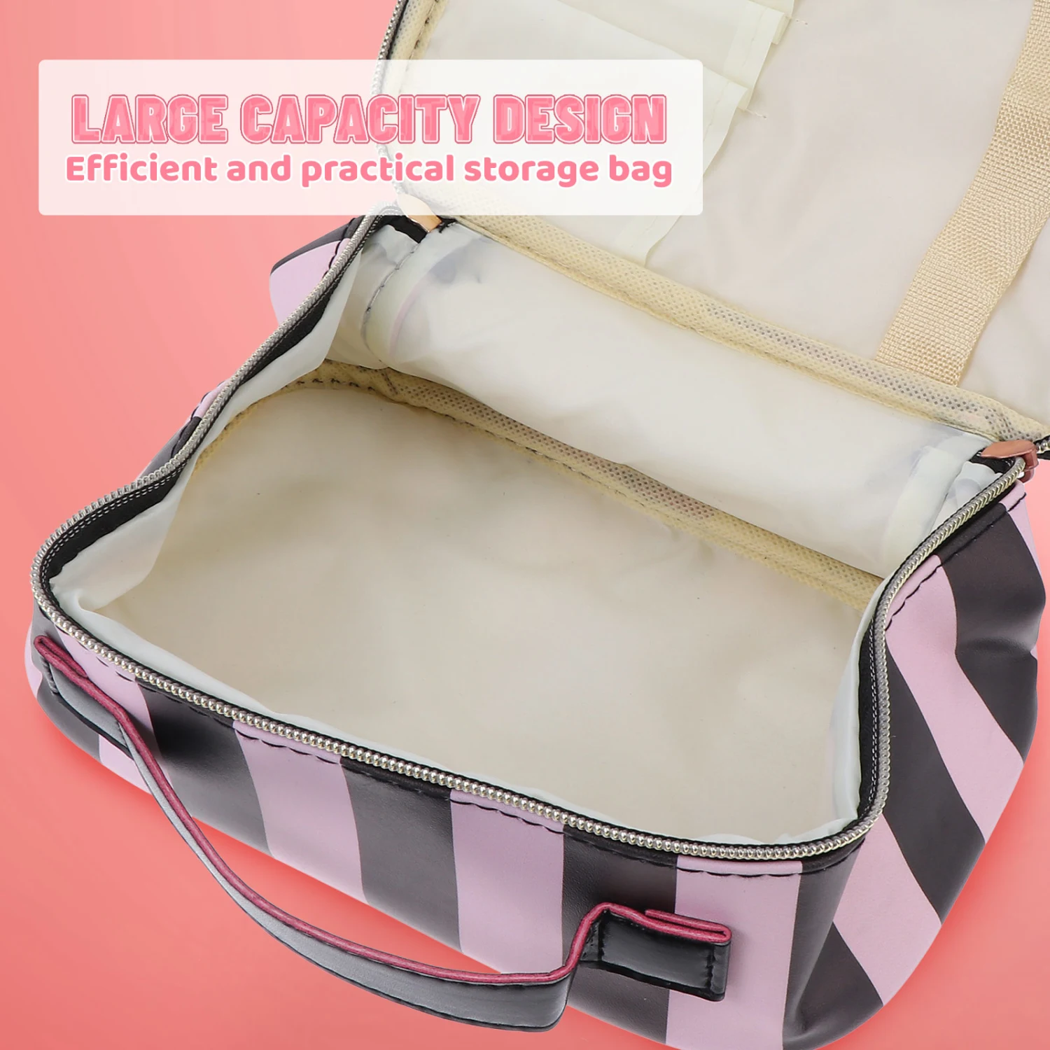 1pc Striped Fashion Ladies PU Portable Cosmetic Bag for Outdoor Travel