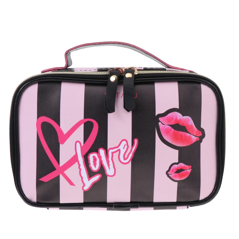 1pc Striped Fashion Ladies PU Portable Cosmetic Bag for Outdoor Travel