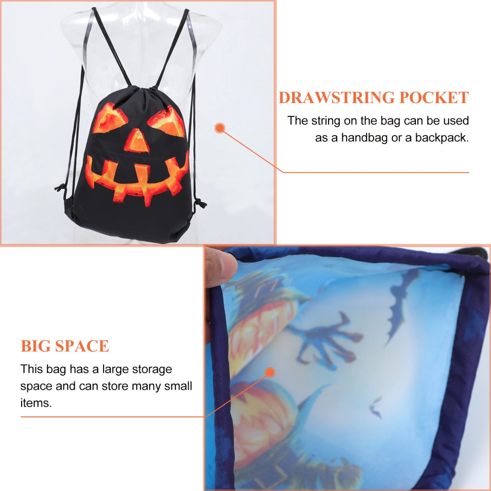 2Pcs Halloween Drawstring Backpacks Pumpkin Drawstring Bags Waterproof Gym Bags (Blue+Black)