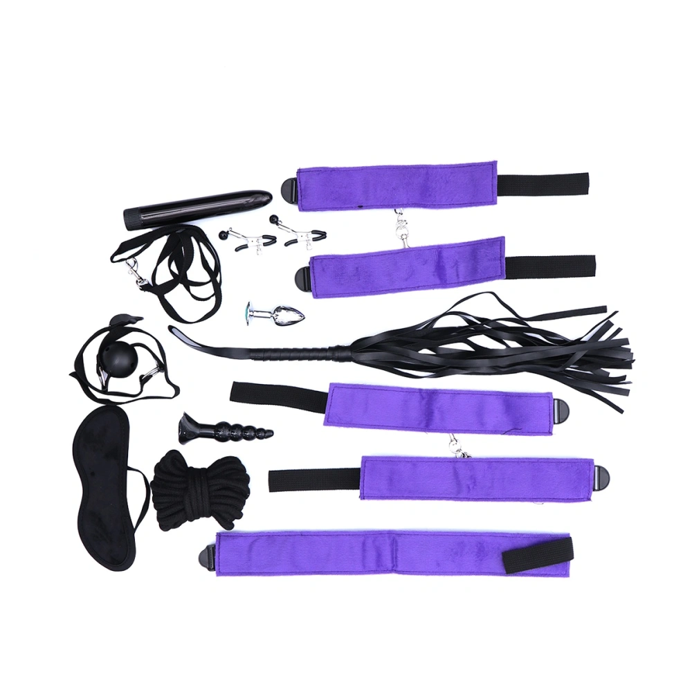 11 Pcs Under the Bed Restraint Kits Cosplay Flirt Set with Handcuffs Vibrator Plug for Men and Women(Purple and Black with Milk Clip Color Random)