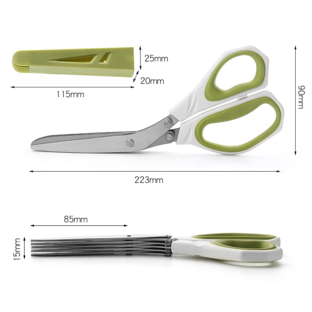 1pc Stainless Steel 5 Blades Green Onion Cutter Trimmer Shredded Paper Scissors for Home (Silver + Green)