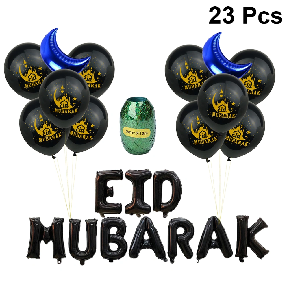 23pcs Black Muslim Ramadan Latex Balloons Eid Mubarak Letter Printing Balloons Aluminum Foil Ornaments Set Layout Decorations Party Supplies with Ribbon