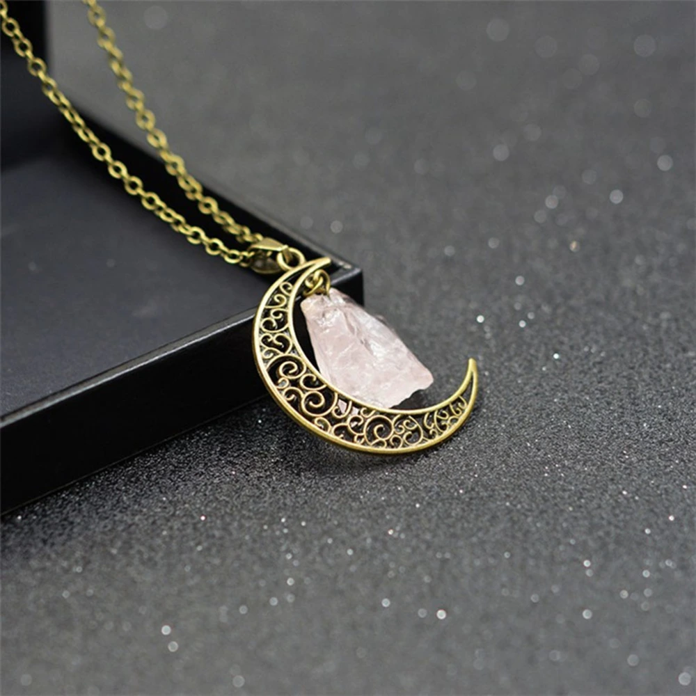 3pcs Moon Design Necklace Creative Natural Stone Pendant Jewelry Eid Mubarak Neck Chain Jewelry for Women Wearing (Golden)