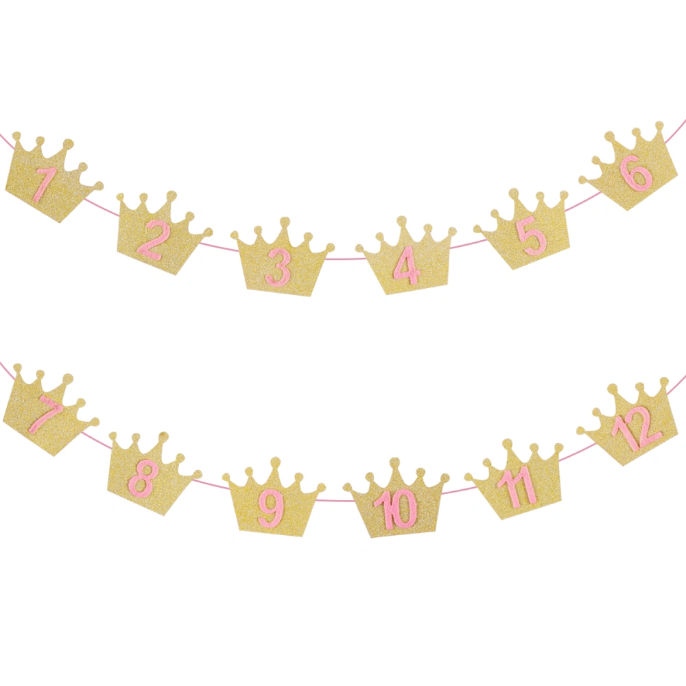 Baby's 1st Birthday Banners Glitter Golden Crown and Number Photo Banner with Clips Pegs Hanging Decoration for First Birthday Party Decoration (Pink Numbers)