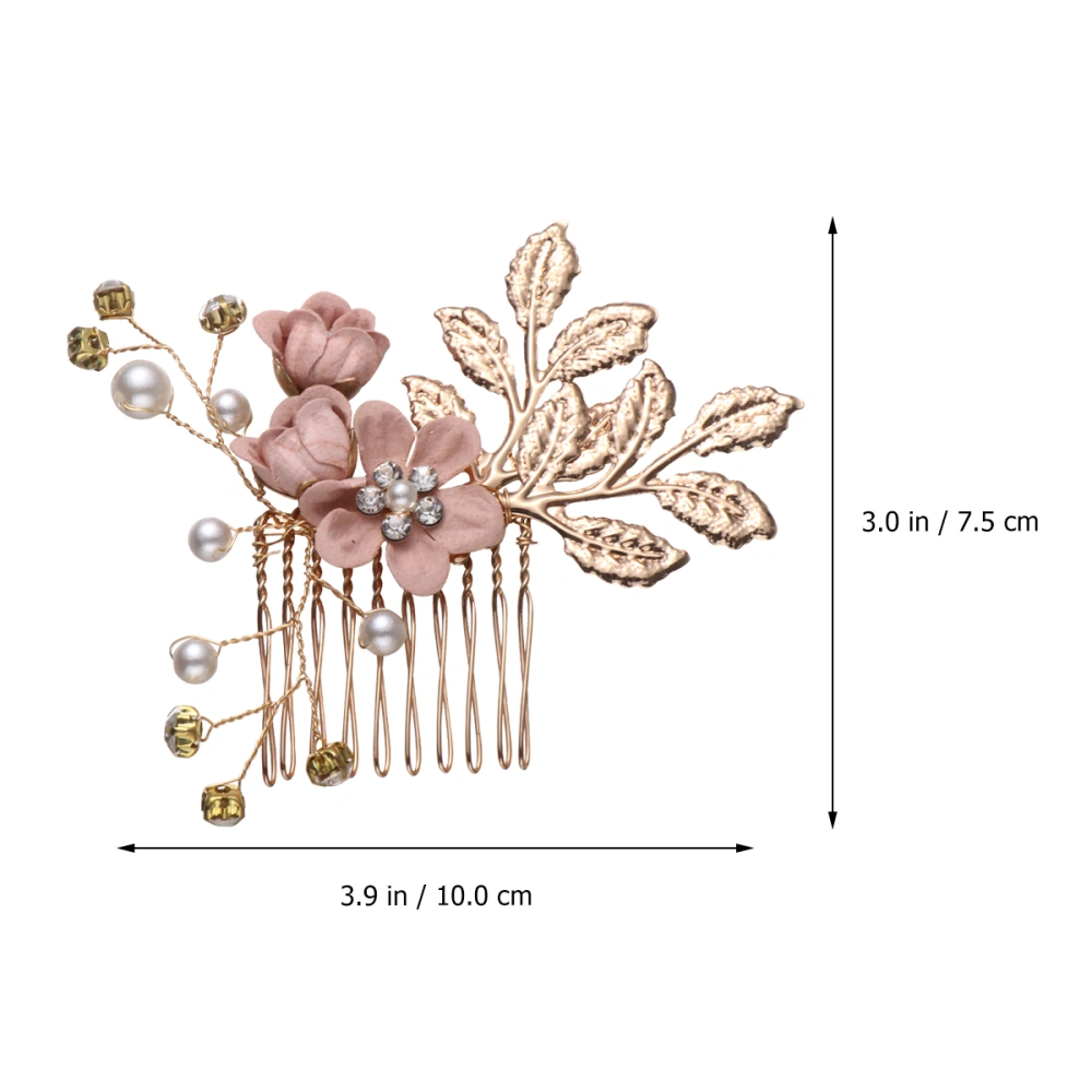 Pink Floral Hair Comb Artificial Pearl Headdress Leaves and Rhinestone Hair Accessories Wedding Bridal Hair Decoration Elegant Photo Props 