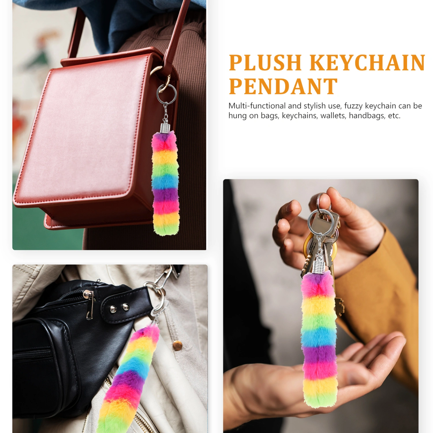 2pcs Keychains Women Rainbow Fluffy Keychains Plush Strips Keychains Key Ring Ornaments