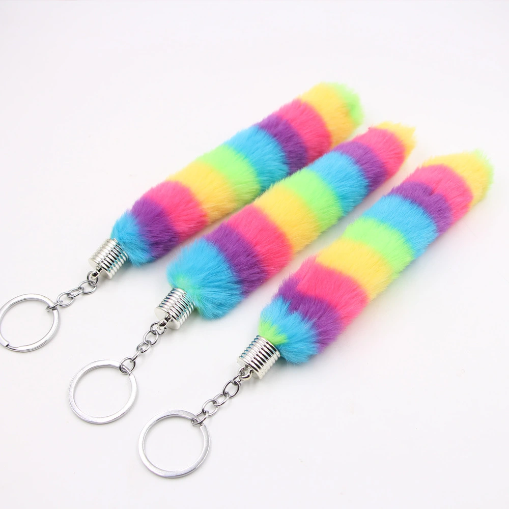 2pcs Keychains Women Rainbow Fluffy Keychains Plush Strips Keychains Key Ring Ornaments