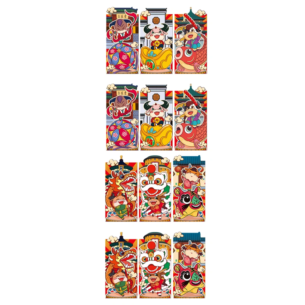 12Pcs 2021 Creative Money Bags Cartoon Red Envelopes New Year Money Pouches(Red)