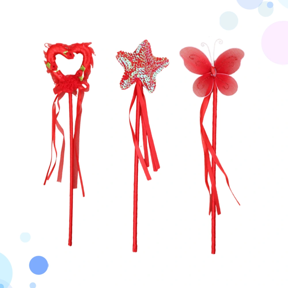 3pcs Girls Lovely Wands Pentagram Heart Design Angel Fairy Stick for Birthday Party Cosplay (Red)