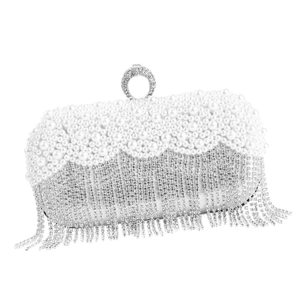 Silver Pearl Evening Bag Tassel Handbag Wedding Party Bag Clutch Purse Delicate Pouch for Women Ladies