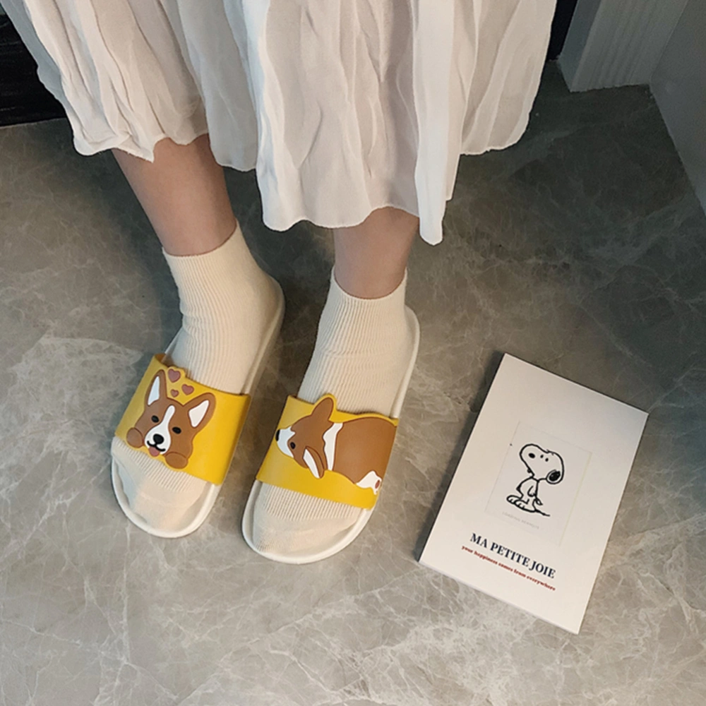 Women Cartoon Slippers Corgi Pattern Non-Slip Slippers Flatform Footbed Beach Slides Ladies Sandals Casual Shoes (White 40)