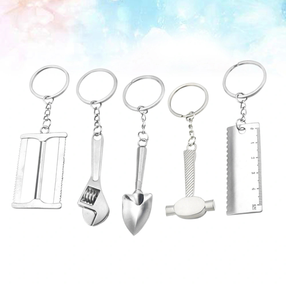 5Pcs Mini Tools Shaped Keychain Creative Metal Alloy Keyring Fashionable Gift Hanging Ornament (Stripe Hammer + Ruler + + Shovel + Wrench)